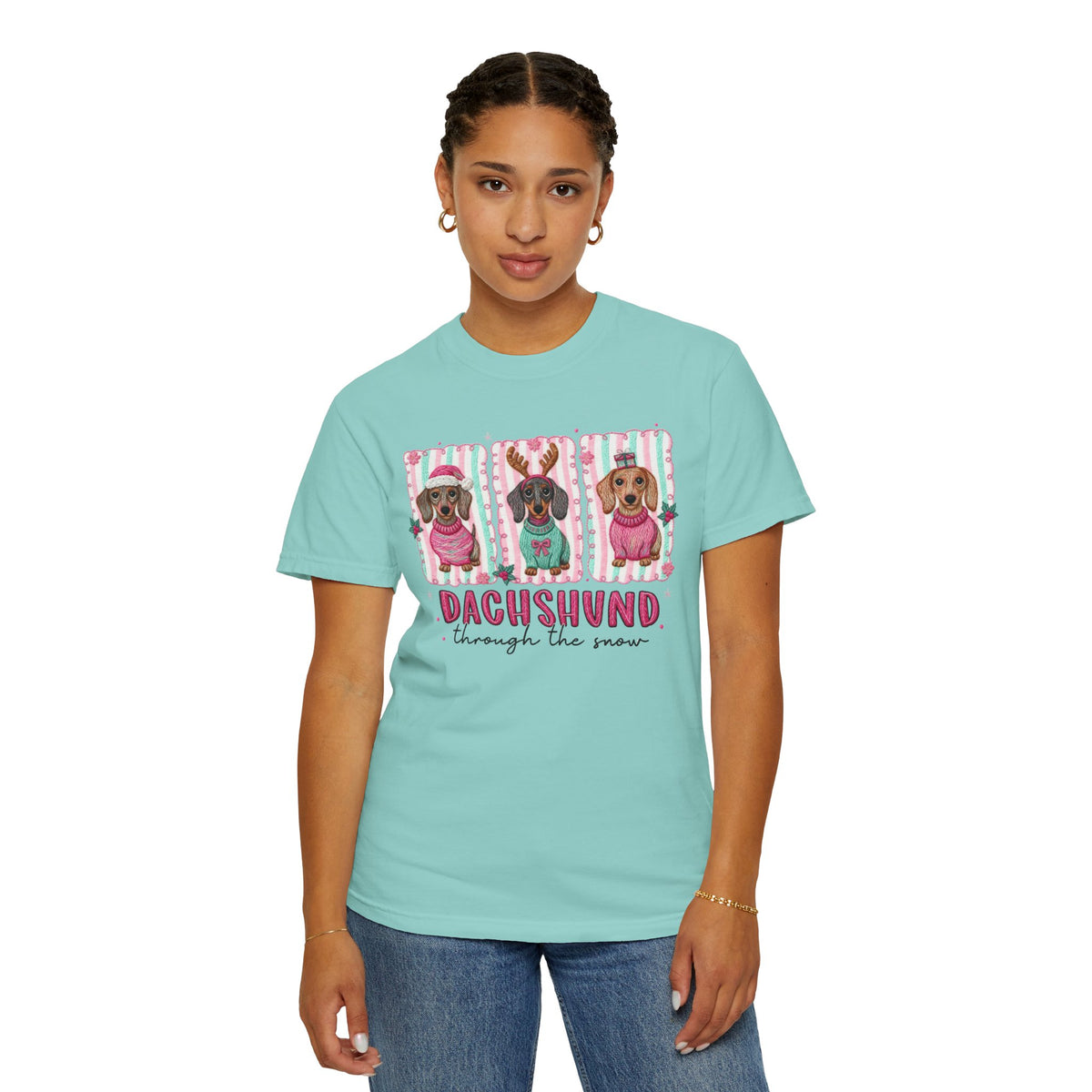 Dachshund Through the Snow - Comfort Colors | Trendy Women's T-Shirt. Direct to Garment. Printed & Shipped in the USA. Unisex Sizes.