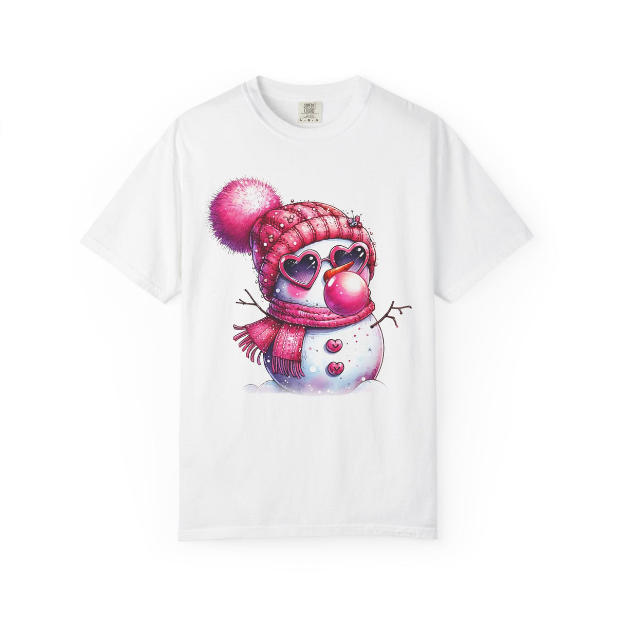 Pink Girly Snowman with Heart Sunglasses and Bubblegum Winter - Comfort Colors | Trendy Women's T-Shirt. Direct to Garment. Printed & Shipped in the USA. Unisex Sizes.