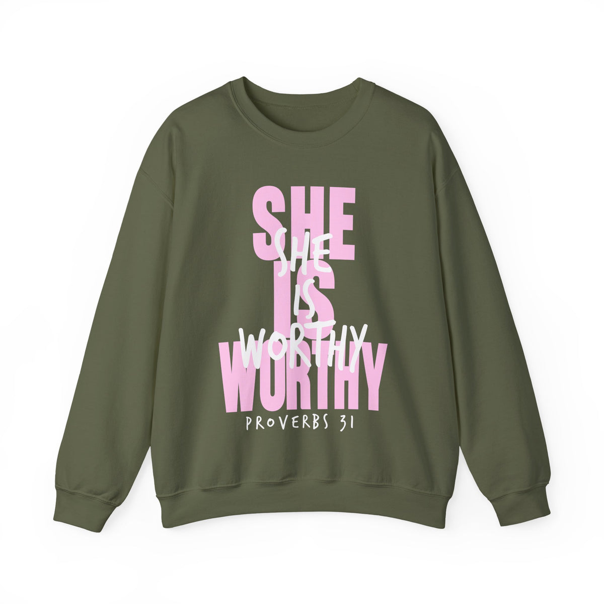 She Is Worthy – Gildan Heavy Blend | Trendy Women’s Soft Sweatshirt. Direct to Garment. Printed & Shipped in the USA. Unisex Sizes.