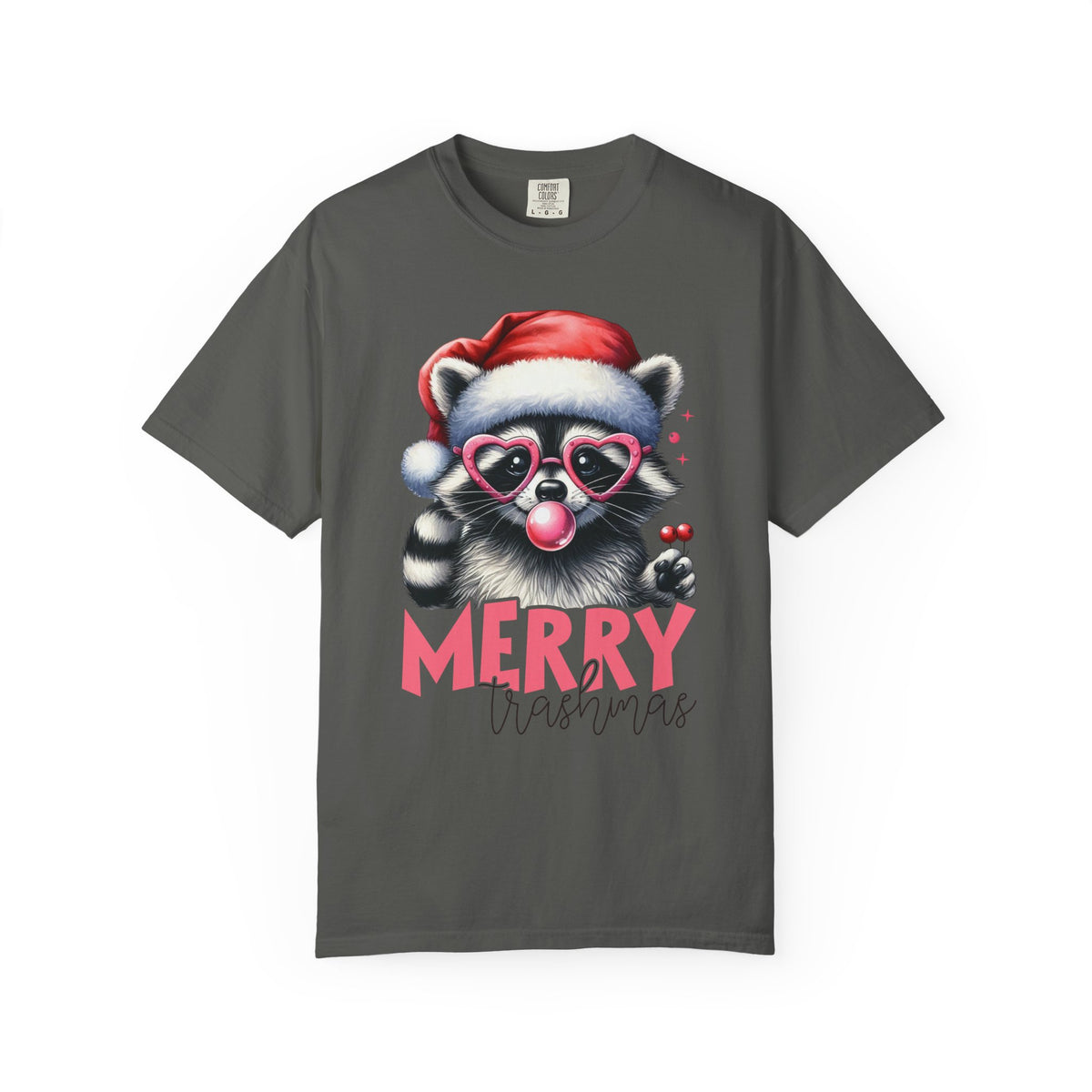 Merry Trashmas Bubblegum Raccoon w/Santa Hat Christmas - Comfort Colors | Trendy Women's T-Shirt. Direct to Garment. Printed & Shipped in the USA. Unisex Sizes.