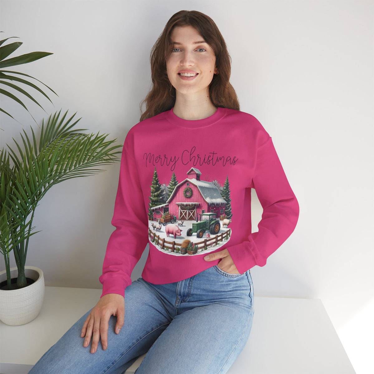 Merry Christmas Pink Barn Farm Animals – Gildan Heavy Blend | Trendy Women’s Soft Sweatshirt. Direct to Garment. Printed & Shipped in the USA. Unisex Sizes.