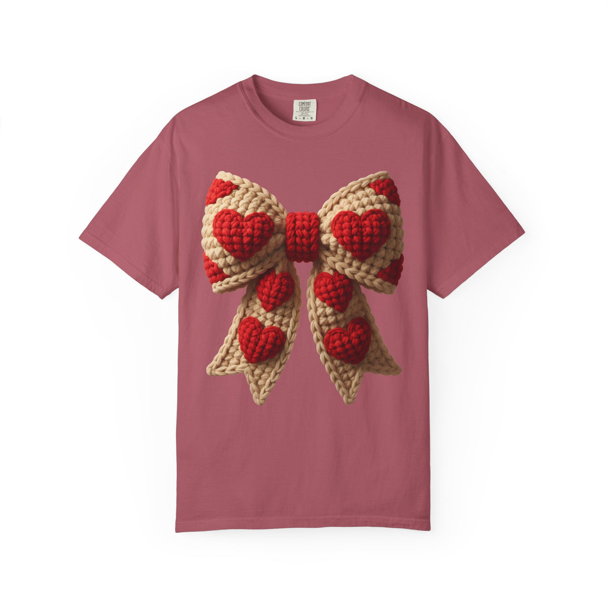 Faux Crochet Valentine Bow - Comfort Colors | Trendy Women's T-Shirt. Direct to Garment. Printed & Shipped in the USA. Unisex Sizes.
