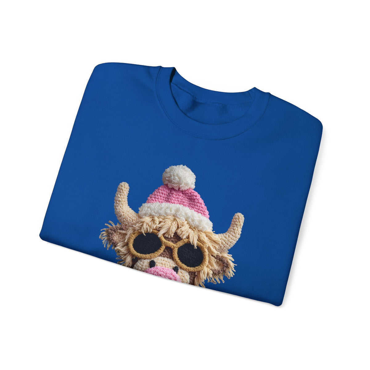 Faux Crochet Highland Cow Bubblegum – Gildan Heavy Blend | Trendy Women’s Soft Sweatshirt. Direct to Garment. Printed & Shipped in the USA. Unisex Sizes.