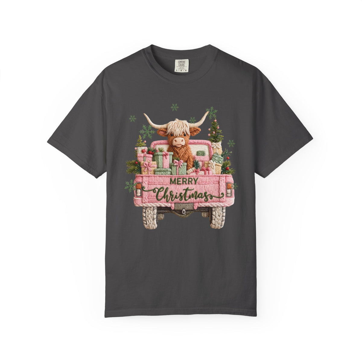 Highland Cow in Pink Truck Merry Christmas Holiday Farmhouse - Comfort Colors | Trendy Women's T-Shirt. Direct to Garment. Printed & Shipped in the USA. Unisex Sizes.