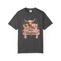 Highland Cow in Pink Truck Merry Christmas Holiday Farmhouse - Comfort Colors | Trendy Women's T-Shirt. Direct to Garment. Printed & Shipped in the USA. Unisex Sizes.