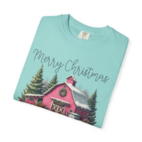 Merry Christmas Pink Barn Farm Animals - Comfort Colors | Trendy Women's T-Shirt. Direct to Garment. Printed & Shipped in the USA. Unisex Sizes.
