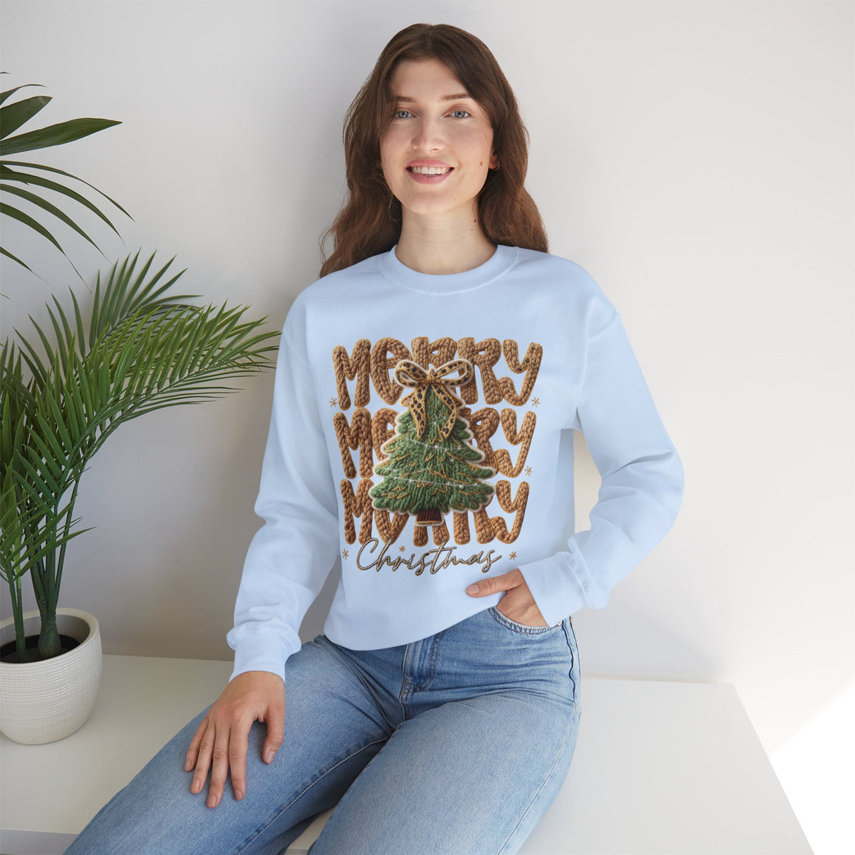 Merry Merry Merry Christmas, Faux Latch Hook Yarn – Gildan Heavy Blend | Trendy Women’s Soft Sweatshirt. Direct to Garment. Printed & Shipped in the USA. Unisex Sizes.