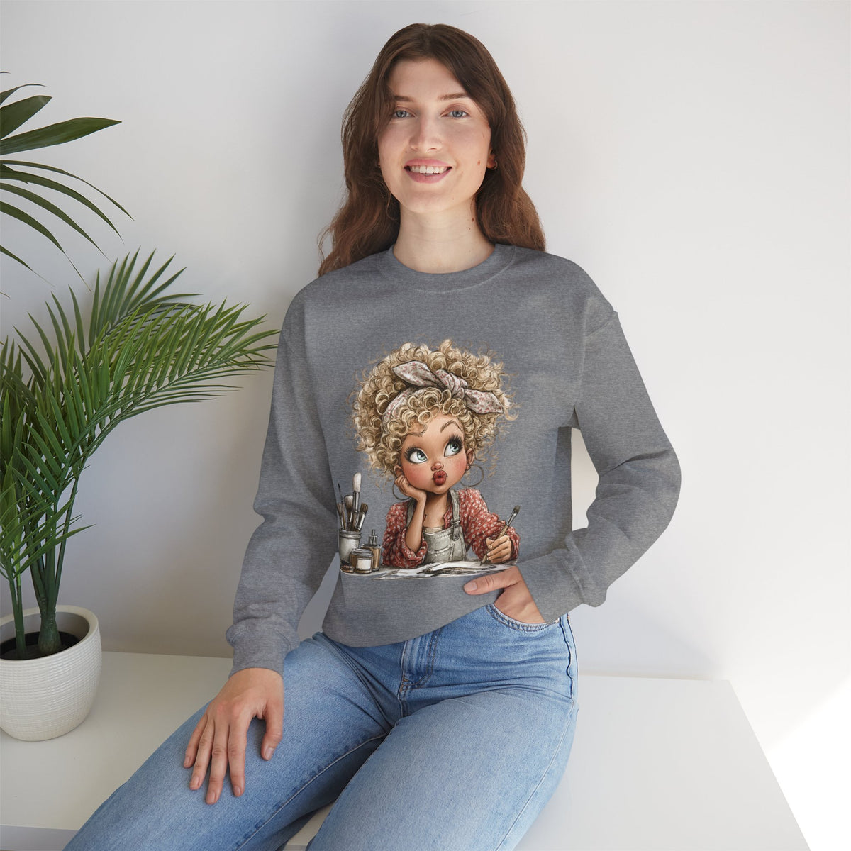 Cute Artist Curly Girl – Gildan Heavy Blend | Trendy Women’s Soft Sweatshirt. Direct to Garment. Printed & Shipped in the USA. Unisex Sizes.