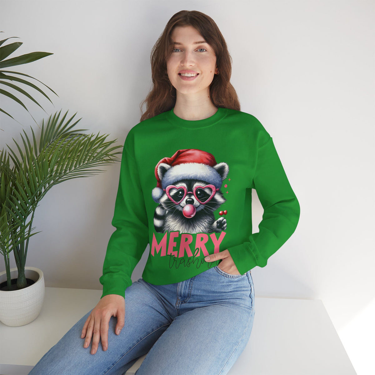 Merry Trashmas Bubblegum Raccoon w/Santa Hat Christmas – Gildan Heavy Blend | Trendy Women’s Soft Sweatshirt. Direct to Garment. Printed & Shipped in the USA. Unisex Sizes.