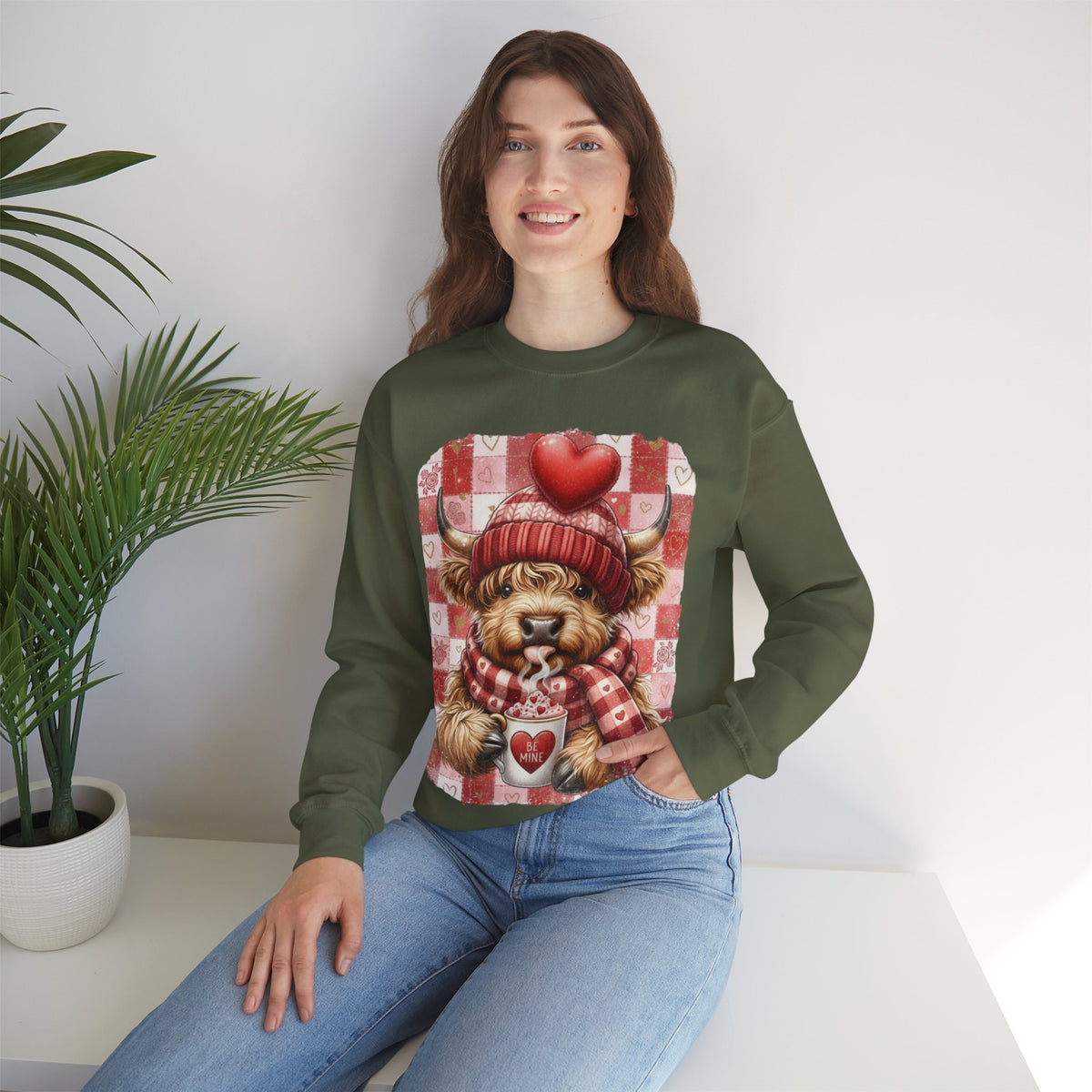 Highland Cow Be Mine, Red Checkered – Gildan Heavy Blend | Trendy Women’s Soft Sweatshirt. Direct to Garment. Printed & Shipped in the USA. Unisex Sizes.