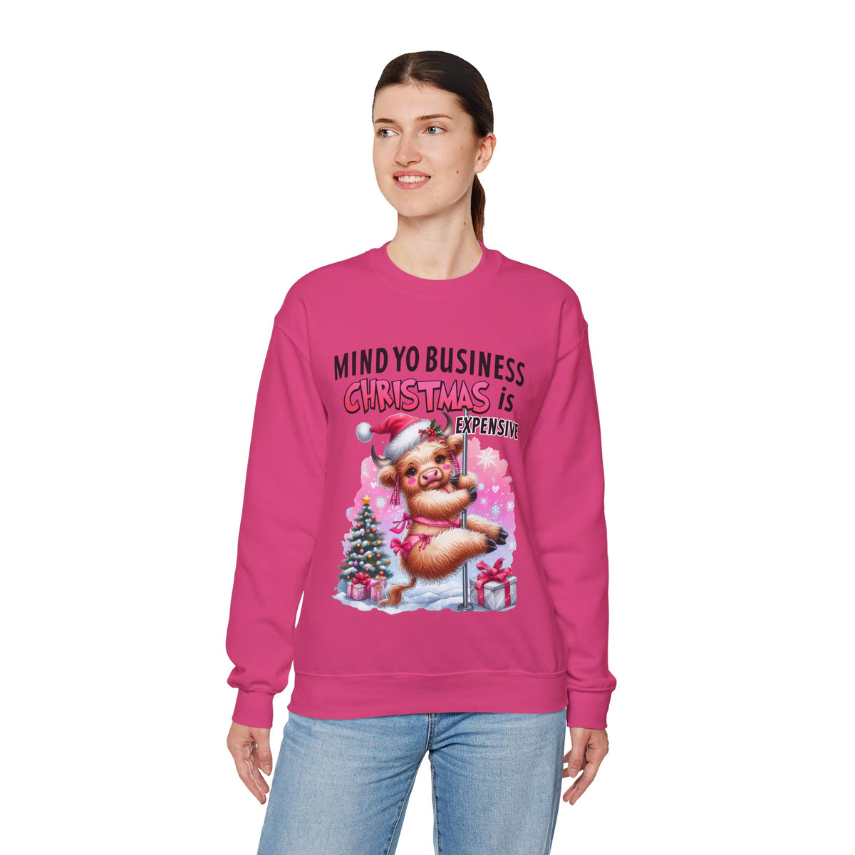 Highland Cow Mind Yo Business Christmas is Expensive – Gildan Heavy Blend | Trendy Women’s Soft Sweatshirt. Direct to Garment. Printed & Shipped in the USA. Unisex Sizes.