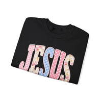 JESUS Pastel Faux Patchwork – Gildan Heavy Blend | Trendy Women’s Soft Sweatshirt. Direct to Garment. Printed & Shipped in the USA. Unisex Sizes.