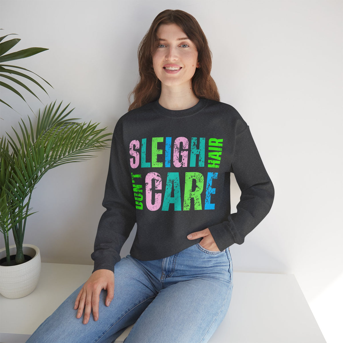 Sleigh Hair Don’t Care, Funny Christmas Graphic Tee – Gildan Heavy Blend | Trendy Women’s Soft Sweatshirt. Direct to Garment. Printed & Shipped in the USA. Unisex Sizes.