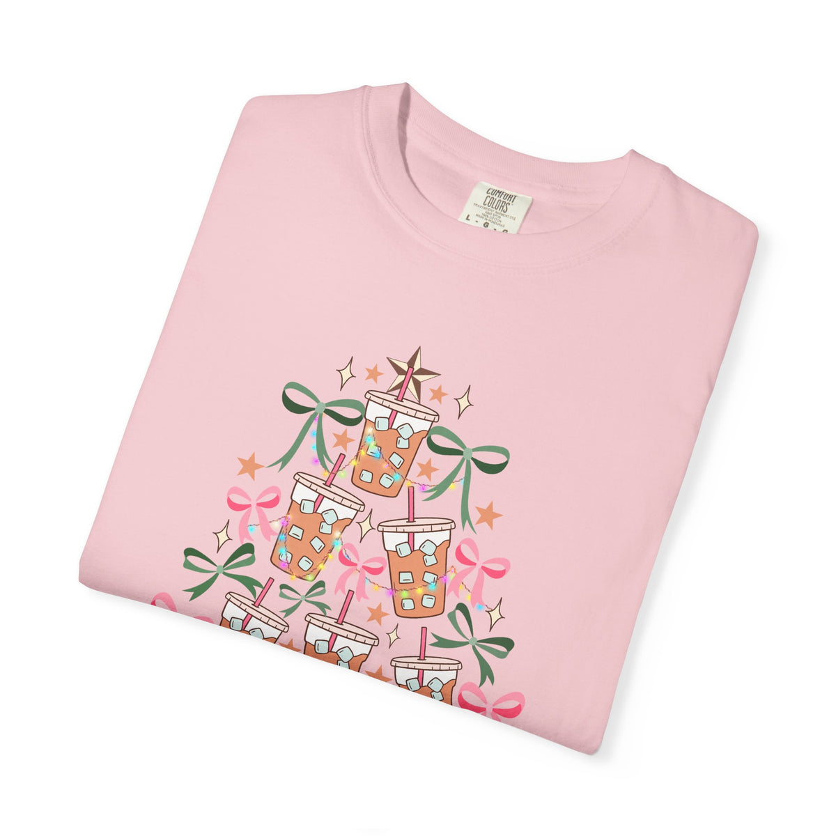 Merry and Caffeinated Iced Coffee Christmas Tree - Comfort Colors | Trendy Women's T-Shirt. Direct to Garment. Printed & Shipped in the USA. Unisex Sizes.