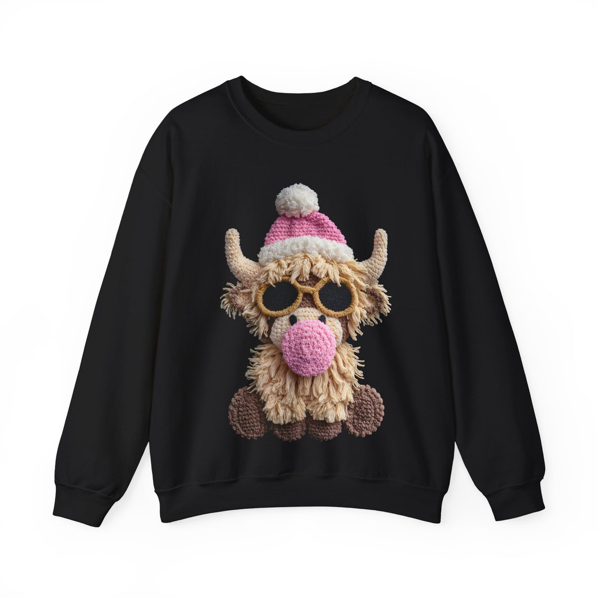 Faux Crochet Highland Cow Bubblegum – Gildan Heavy Blend | Trendy Women’s Soft Sweatshirt. Direct to Garment. Printed & Shipped in the USA. Unisex Sizes.