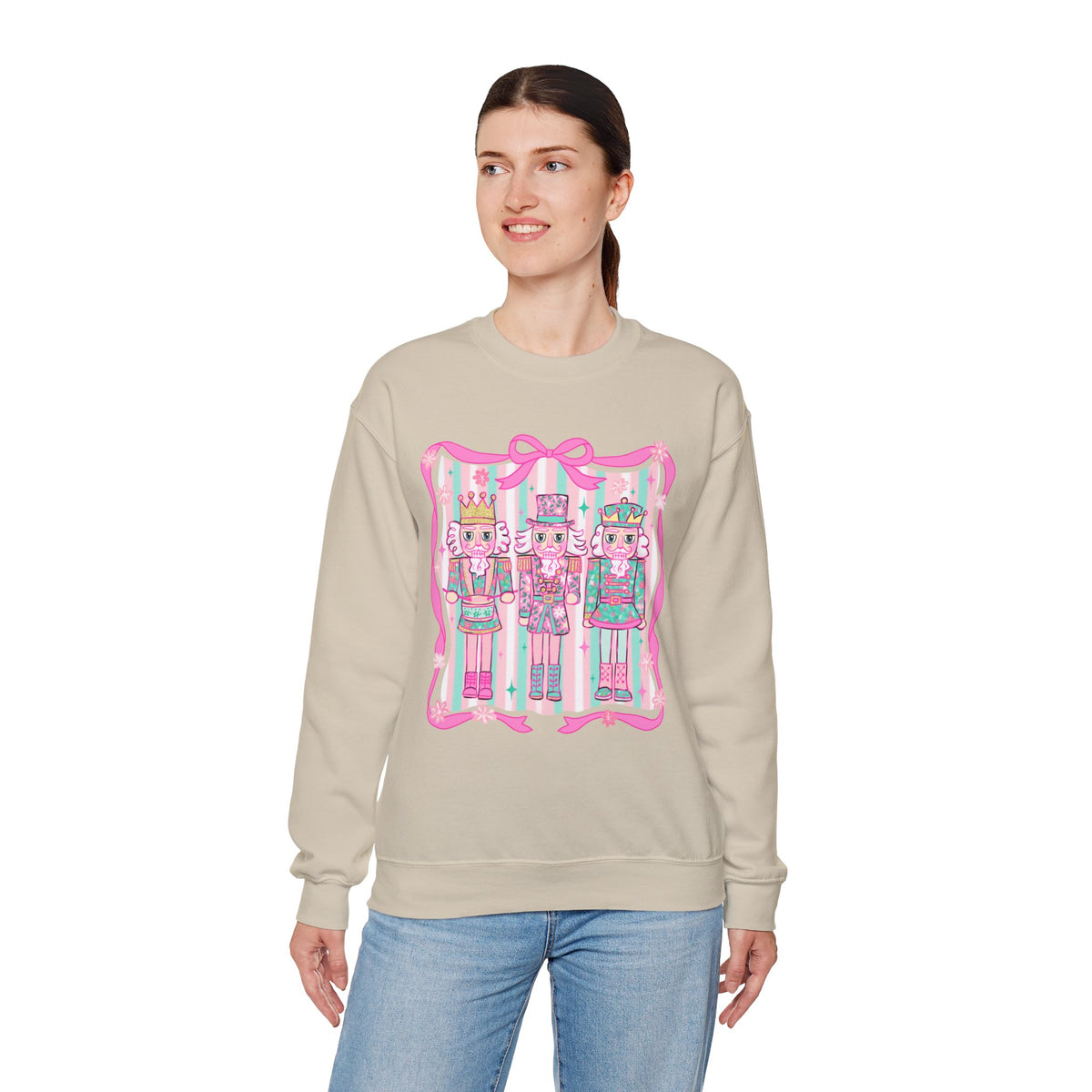 Coquette Pastel Christmas Nutcracker Trio Pink and Green – Gildan Heavy Blend | Trendy Women’s Soft Sweatshirt. Direct to Garment. Printed & Shipped in the USA. Unisex Sizes.