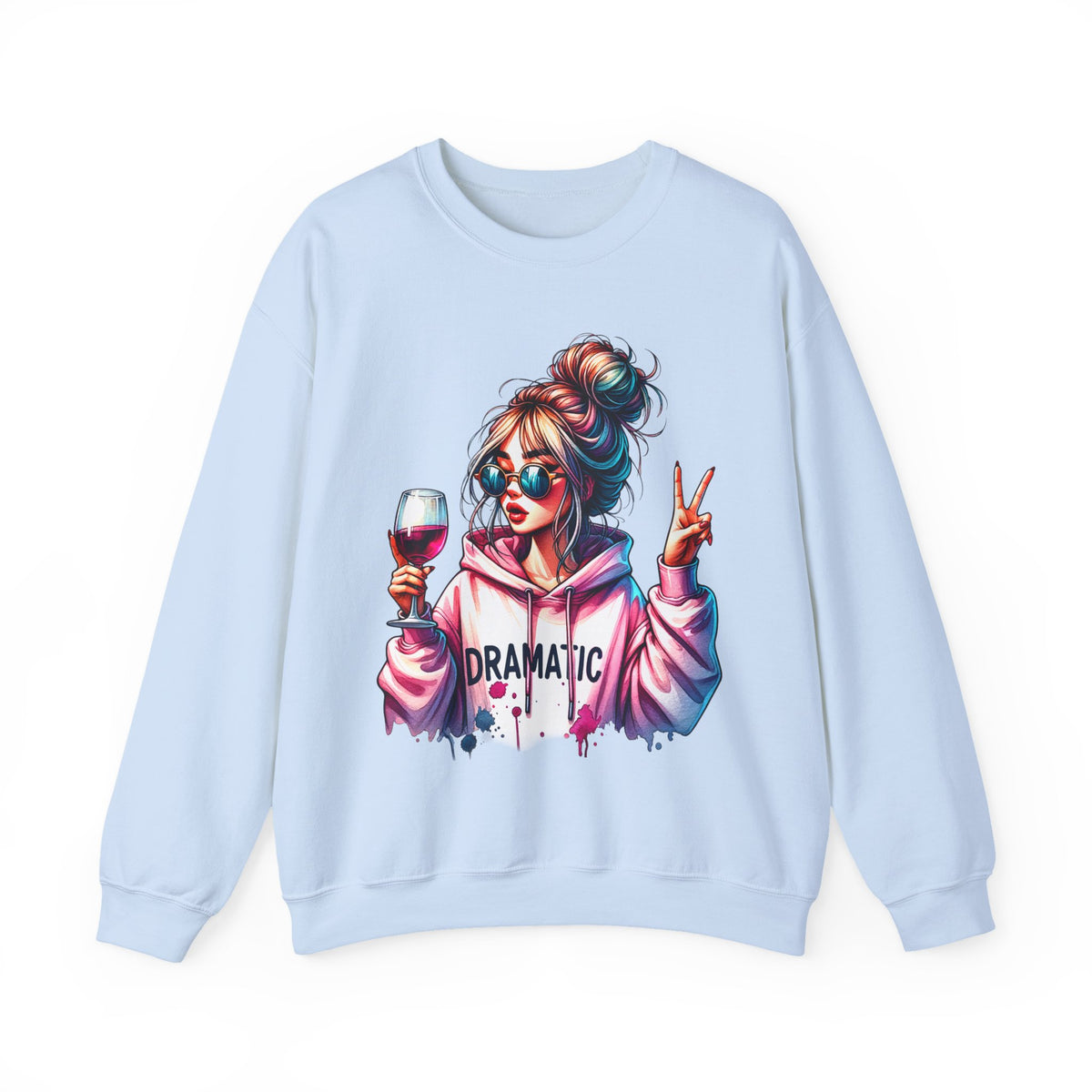 Dramatic Girl With Wine Messy Bun Peace Sign – Gildan Heavy Blend | Trendy Women’s Soft Sweatshirt. Direct to Garment. Printed & Shipped in the USA. Unisex Sizes.
