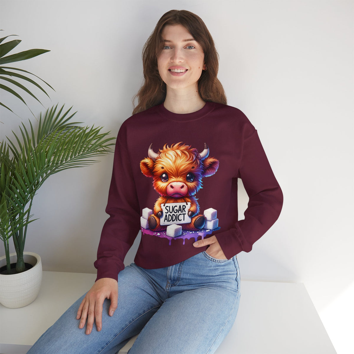Sugar Addict Highland Cow – Gildan Heavy Blend | Trendy Women’s Soft Sweatshirt. Direct to Garment. Printed & Shipped in the USA. Unisex Sizes.