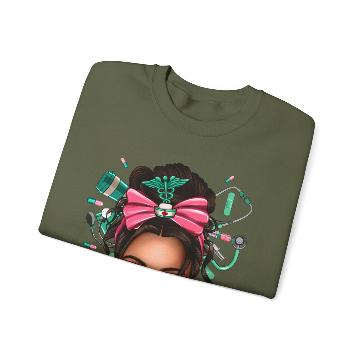 Nurse Life Messy Bun, Cute Stethoscope & Syringe – Gildan Heavy Blend | Trendy Women’s Soft Sweatshirt. Direct to Garment. Printed & Shipped in the USA. Unisex Sizes.