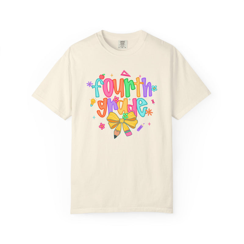 Coquette Fourth Grade Pencil Bow - Comfort Colors | Trendy Women's T-Shirt. Direct to Garment. Printed & Shipped in the USA. Unisex Sizes.