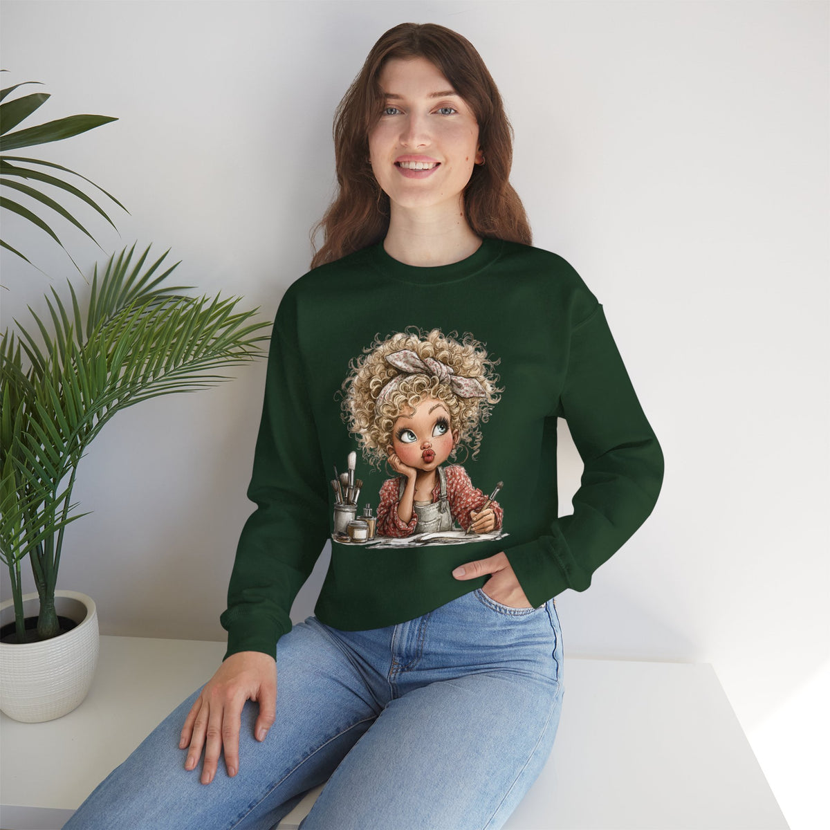 Cute Artist Curly Girl – Gildan Heavy Blend | Trendy Women’s Soft Sweatshirt. Direct to Garment. Printed & Shipped in the USA. Unisex Sizes.