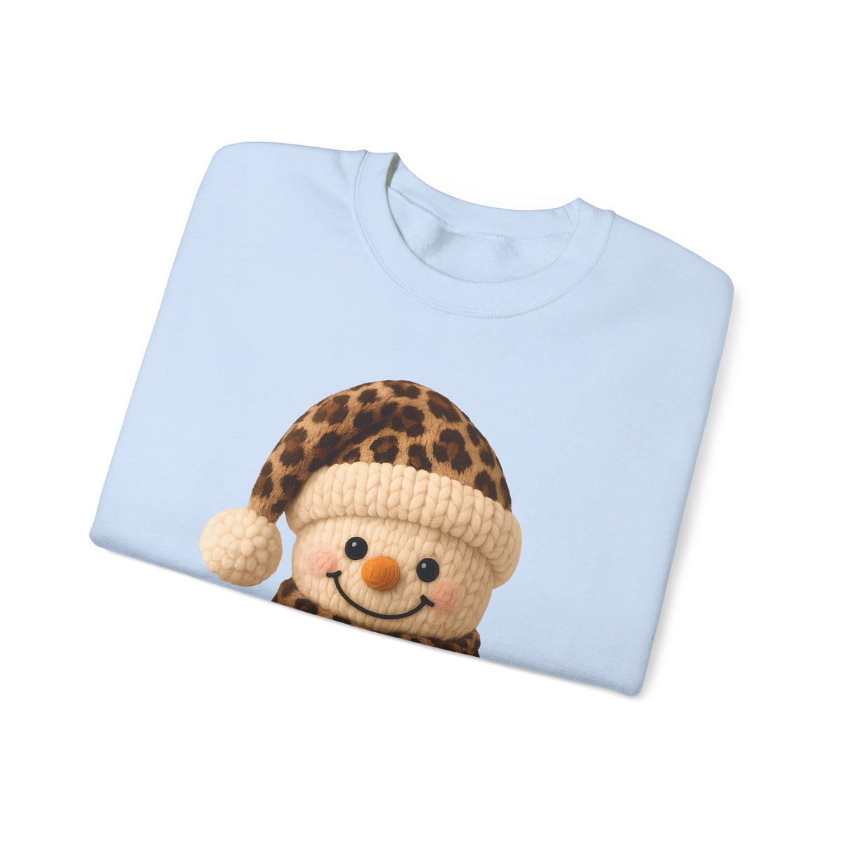 Cute Leopard Faux Knit Snowman Winter – Gildan Heavy Blend | Trendy Women’s Soft Sweatshirt. Direct to Garment. Printed & Shipped in the USA. Unisex Sizes.