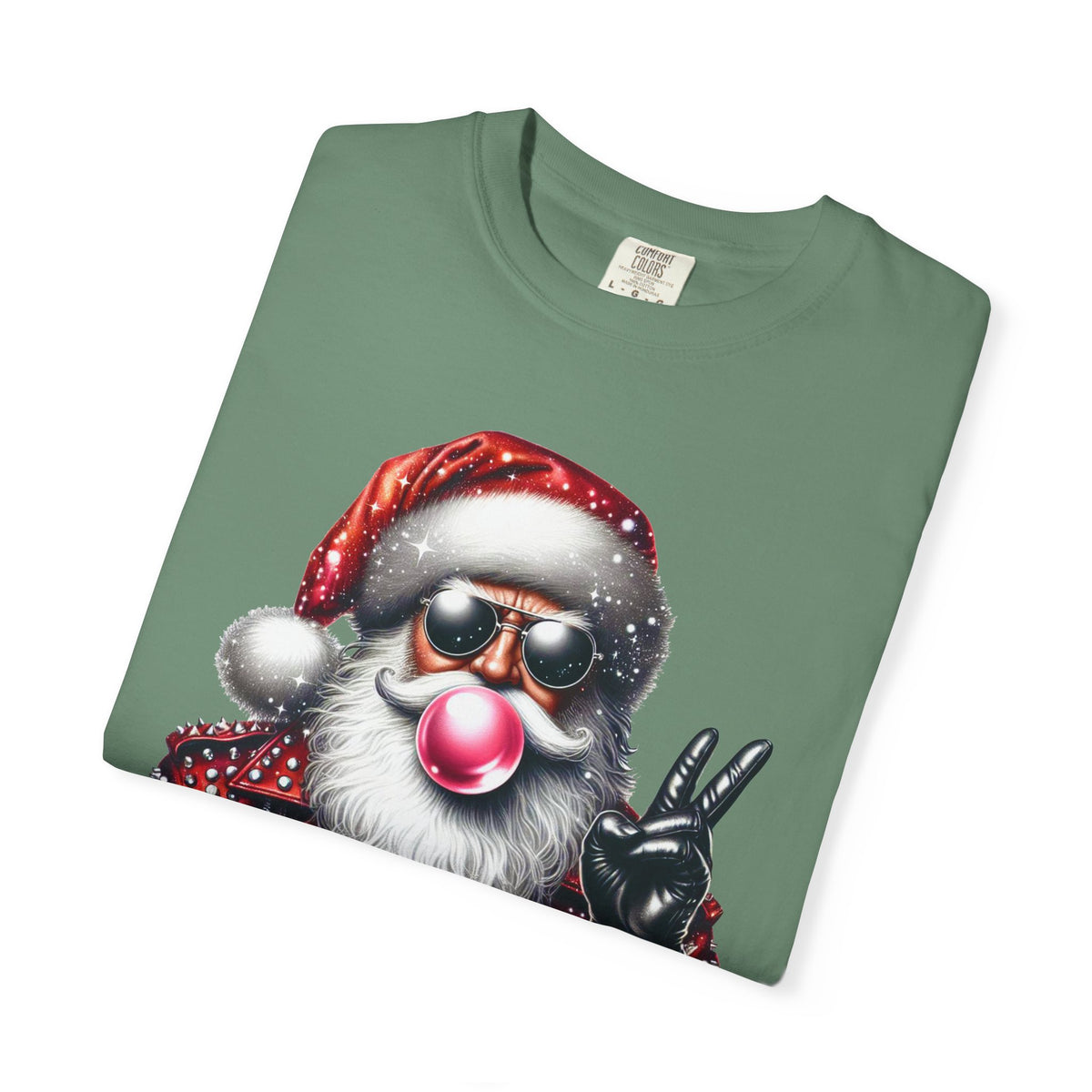 Biker Santa Leather Jacket Bubblegum - Comfort Colors | Trendy Women's and Men's T-Shirt. Direct to Garment. Printed & Shipped in the USA. Unisex Sizes.