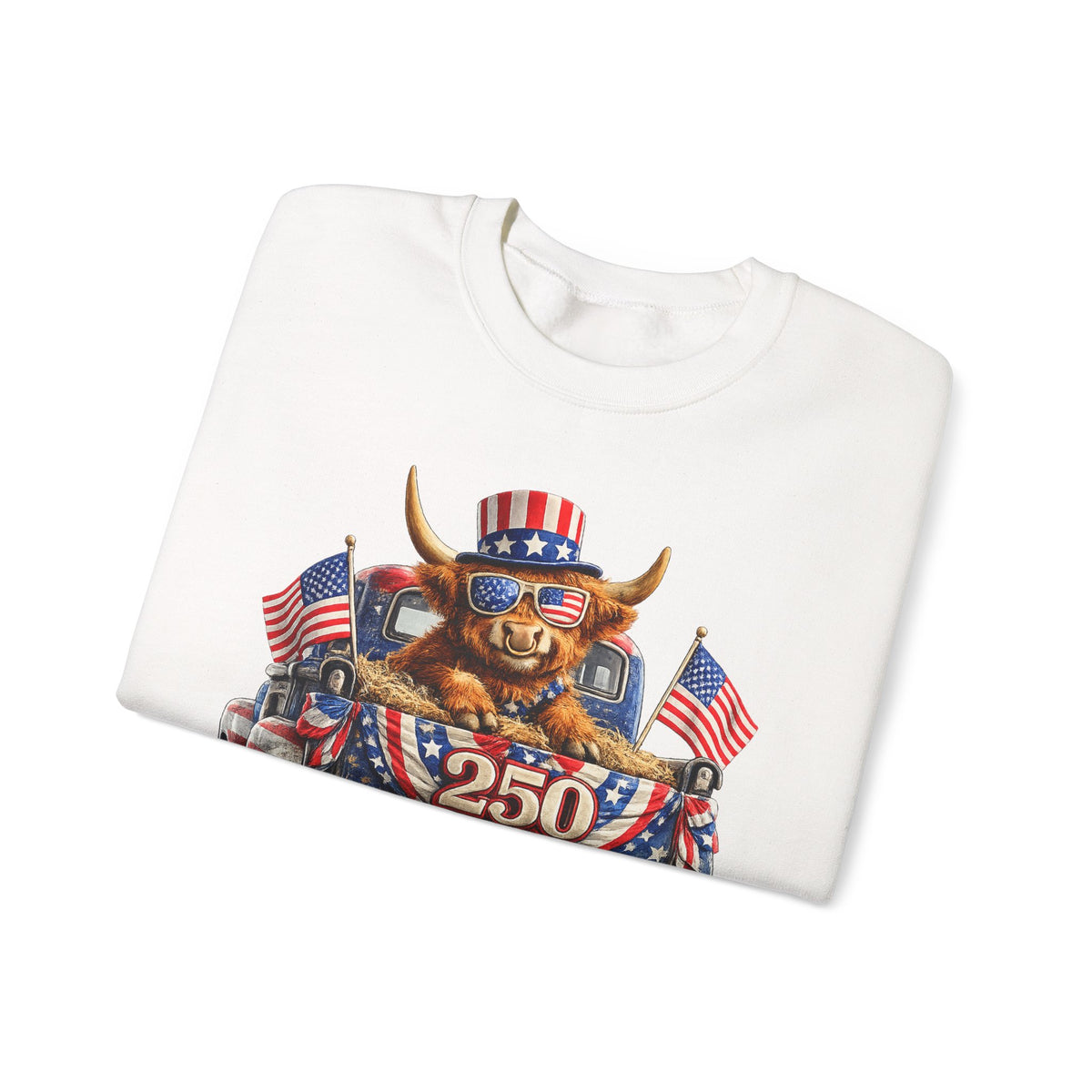 Patriotic Highland, America's 250th Birthday – Gildan Heavy Blend | Trendy Women’s and Men's Soft Sweatshirt. Direct to Garment. Printed & Shipped in the USA. Unisex Sizes.