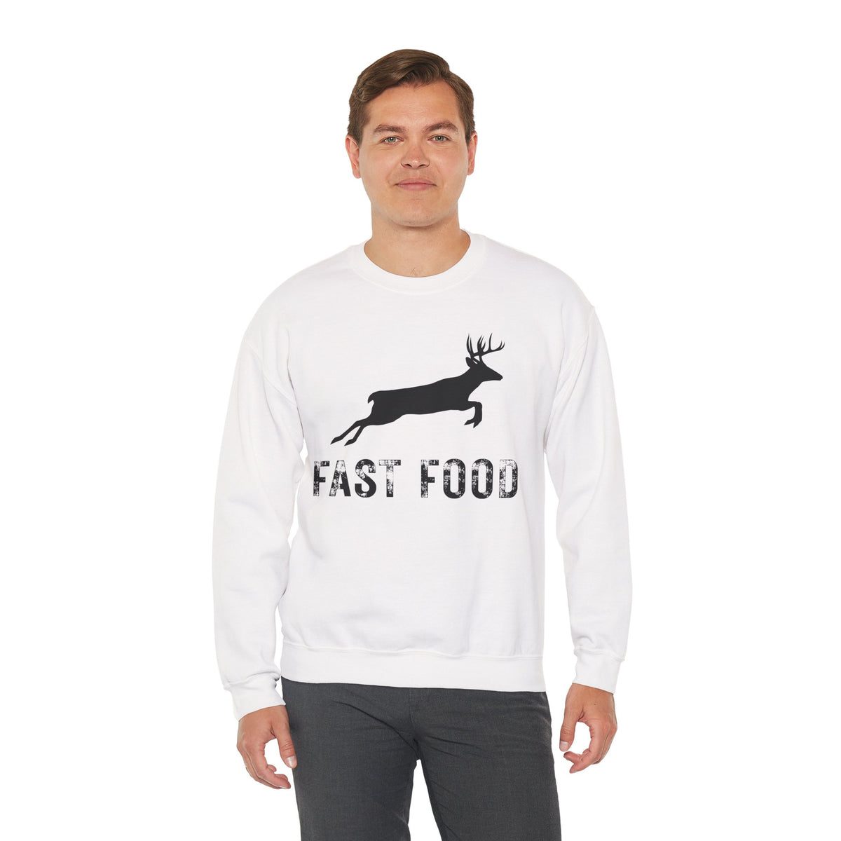 Fast Food Deer Hunting Humor Distressed – Gildan Heavy Blend | Trendy Men's and Women’s Soft Sweatshirt. Direct to Garment. Printed & Shipped in the USA. Unisex Sizes.