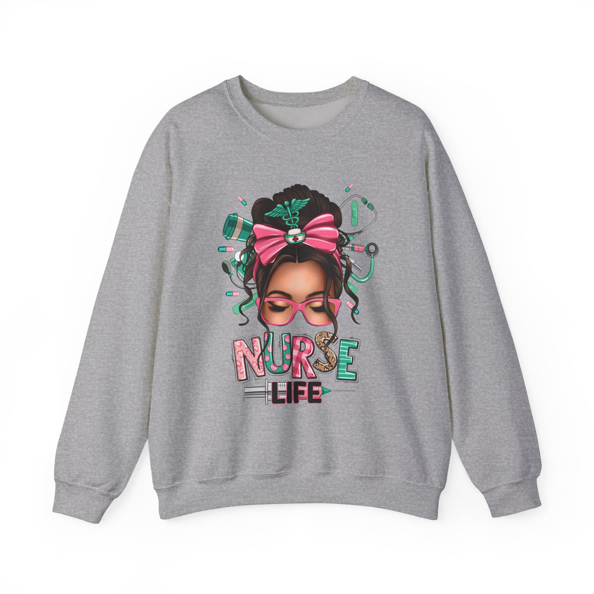 Nurse Life Messy Bun, Cute Stethescope & Syringe – Gildan Heavy Blend | Trendy Women’s Soft Sweatshirt. Direct to Garment. Printed & Shipped in the USA. Unisex Sizes.