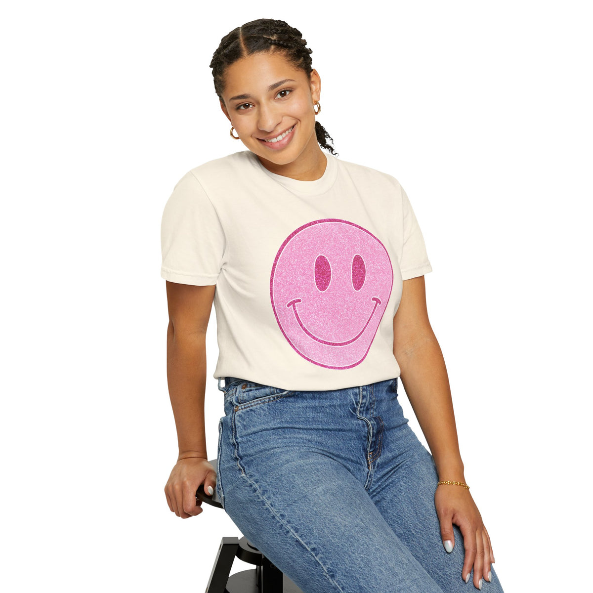 Faux Glitter Smiley - Comfort Colors | Trendy Women's T-Shirt. Direct to Garment. Printed & Shipped in the USA. Unisex Sizes.