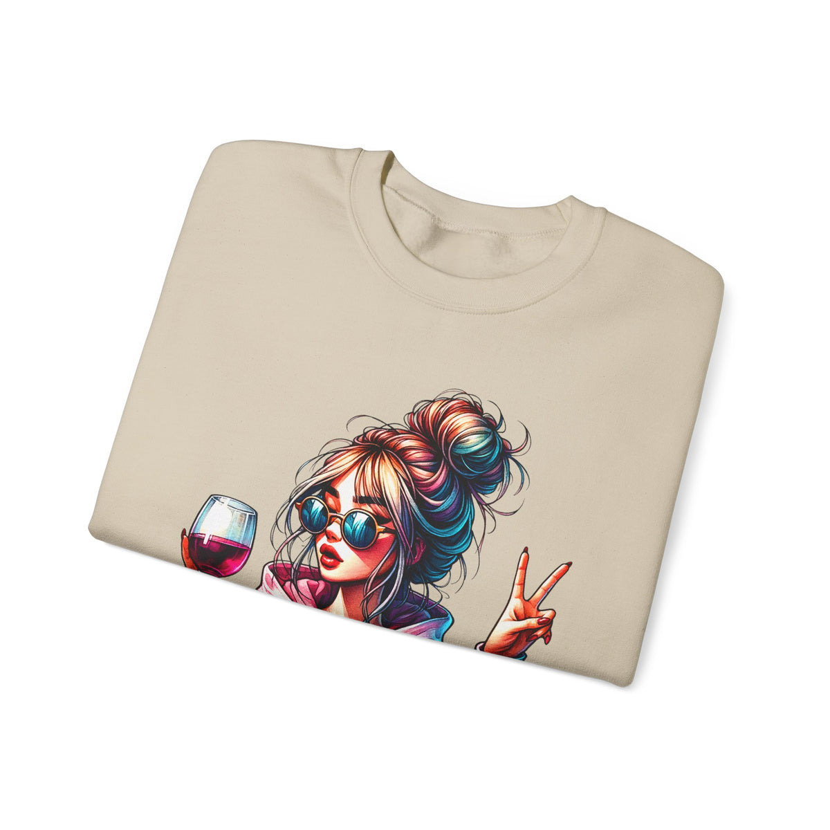 Dramatic Girl With Wine Messy Bun Peace Sign – Gildan Heavy Blend | Trendy Women’s Soft Sweatshirt. Direct to Garment. Printed & Shipped in the USA. Unisex Sizes.