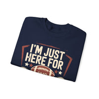 I'm Just Here for Food and Commercials – Gildan Heavy Blend | Trendy Women’s and Men's Soft Sweatshirt. Direct to Garment. Printed & Shipped in the USA. Unisex Sizes.