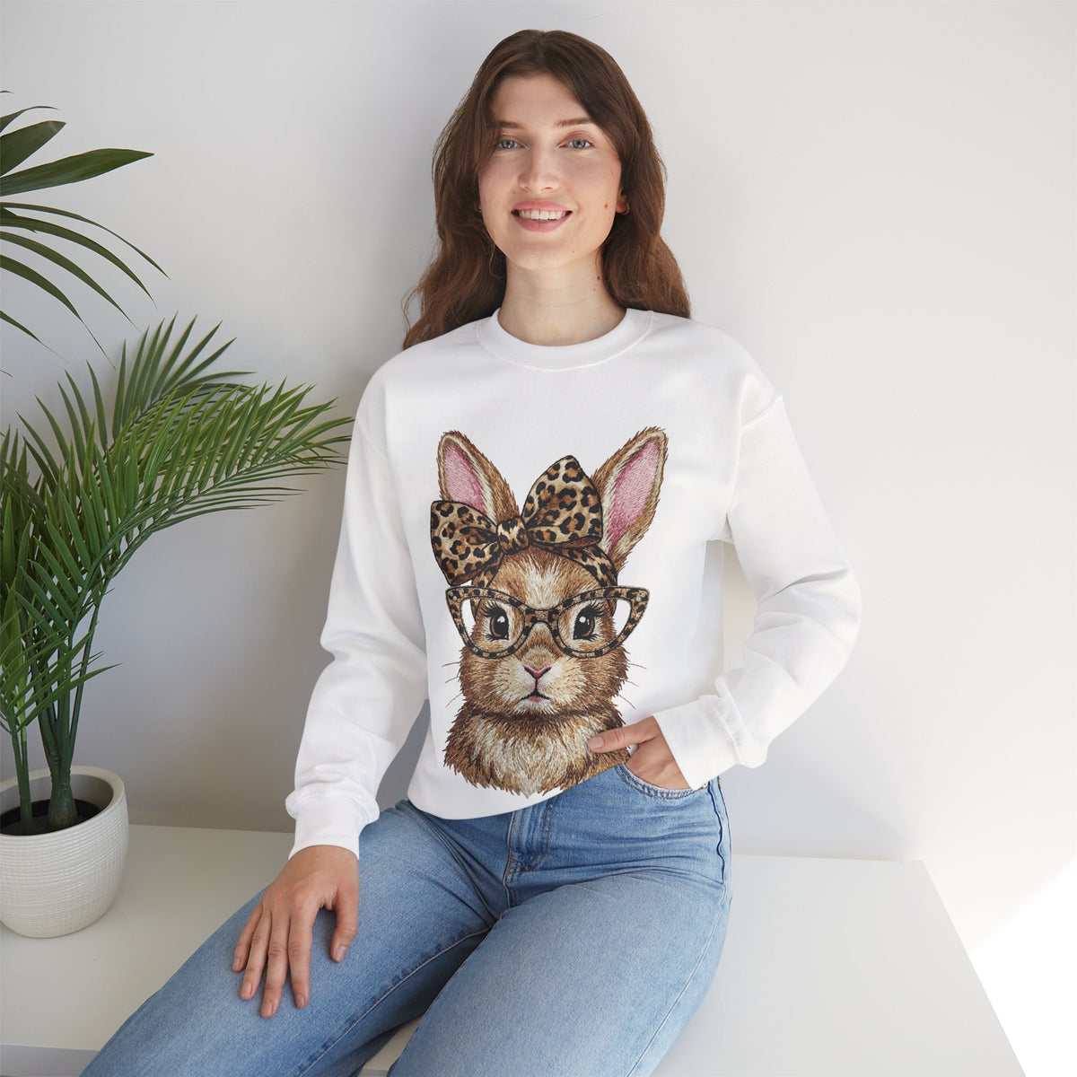 Bunny with Leopard Glasses and Bow – Gildan Heavy Blend | Trendy Women’s Soft Sweatshirt. Direct to Garment. Printed & Shipped in the USA. Unisex Sizes.
