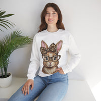 Bunny with Leopard Glasses and Bow – Gildan Heavy Blend | Trendy Women’s Soft Sweatshirt. Direct to Garment. Printed & Shipped in the USA. Unisex Sizes.
