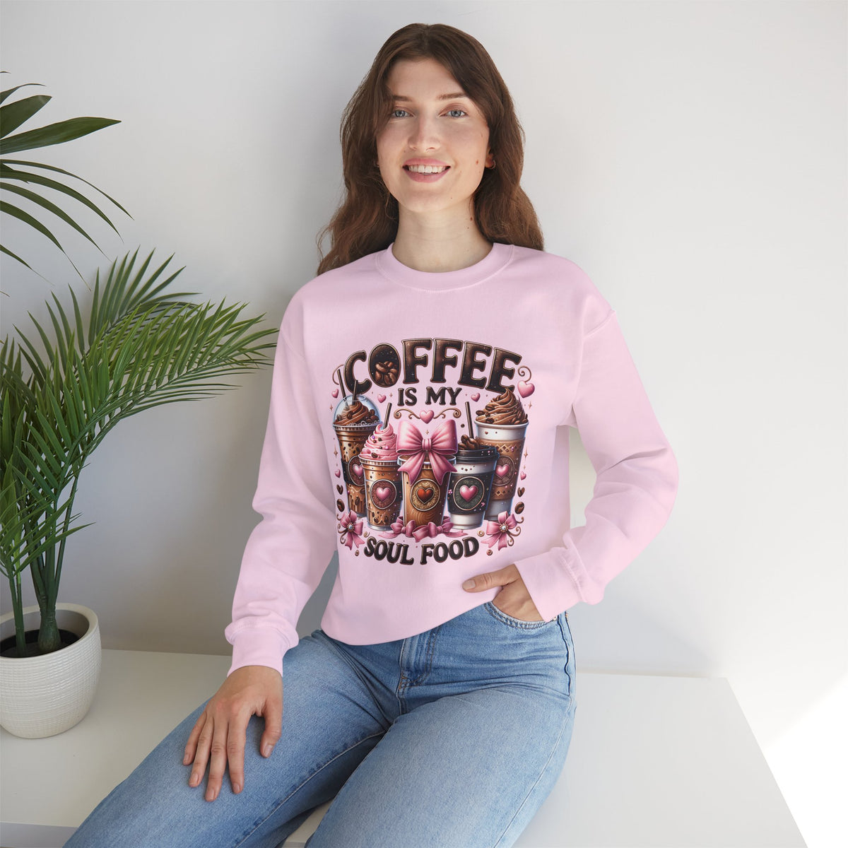 Coffee Is My Soul Food, Iced Coffee, Pink Bow – Gildan Heavy Blend | Trendy Women’s Soft Sweatshirt. Direct to Garment. Printed & Shipped in the USA. Unisex Sizes.