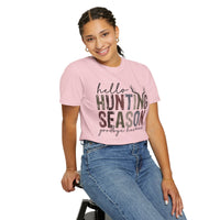 Hello Hunting Season Goodbye Husband Camouflage Wife - Comfort Colors | Trendy Women's T-Shirt. Direct to Garment. Printed & Shipped in the USA. Unisex Sizes.