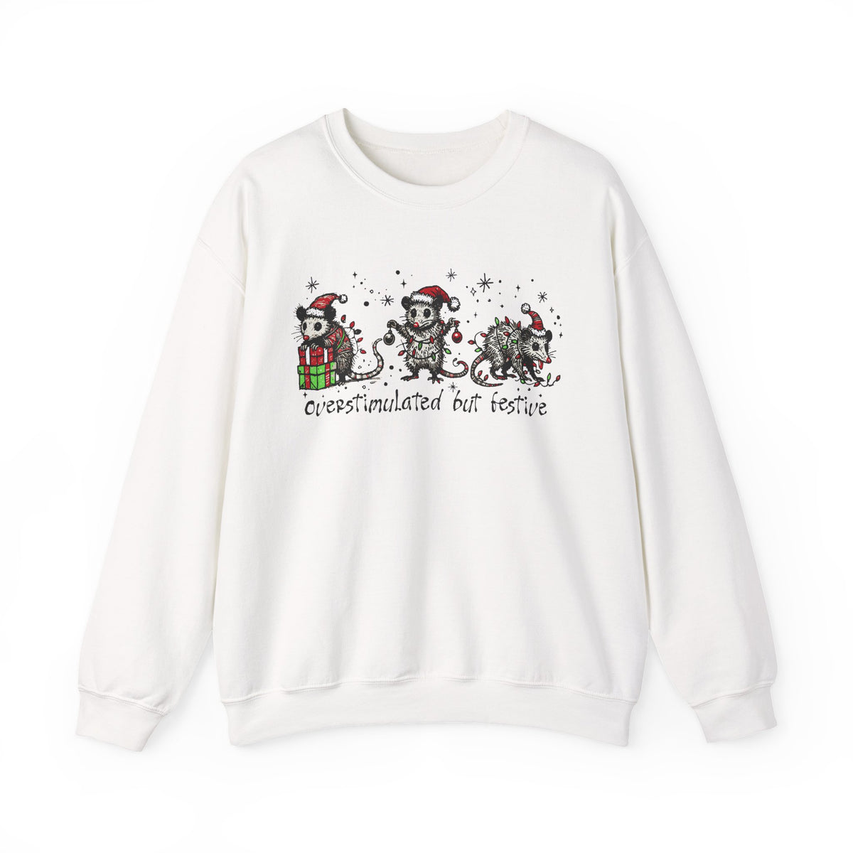 Overstimulated But Festive Christmas Possums – Gildan Heavy Blend | Trendy Women’s and Men's Soft Sweatshirt. Direct to Garment. Printed & Shipped in the USA. Unisex Sizes.