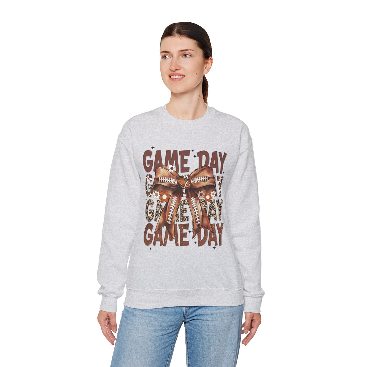 Game Day - Football Bow – Gildan Heavy Blend | Trendy Women’s Soft Sweatshirt. Direct to Garment. Printed & Shipped in the USA. Unisex Sizes.