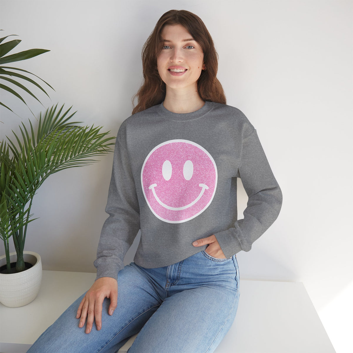 Glitter Smiley – Gildan Heavy Blend | Trendy Women’s Soft Sweatshirt. Direct to Garment. Printed & Shipped in the USA. Unisex Sizes.