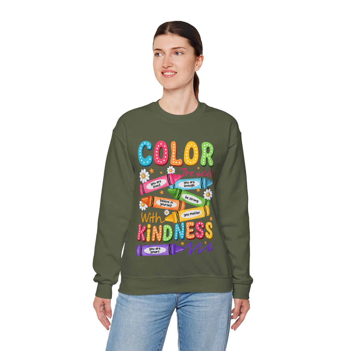 Color the World With Kindness Crayons, Great Teacher Gift – Gildan Heavy Blend | Trendy Women’s and Men's Soft Sweatshirt. Direct to Garment. Printed & Shipped in the USA. Unisex Sizes.