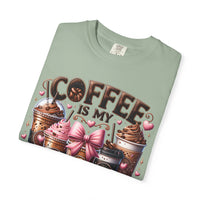 Coffee Is My Soul Food, Iced Coffee, Pink Bow - Comfort Colors | Trendy Women's T-Shirt. Direct to Garment. Printed & Shipped in the USA. Unisex Sizes.