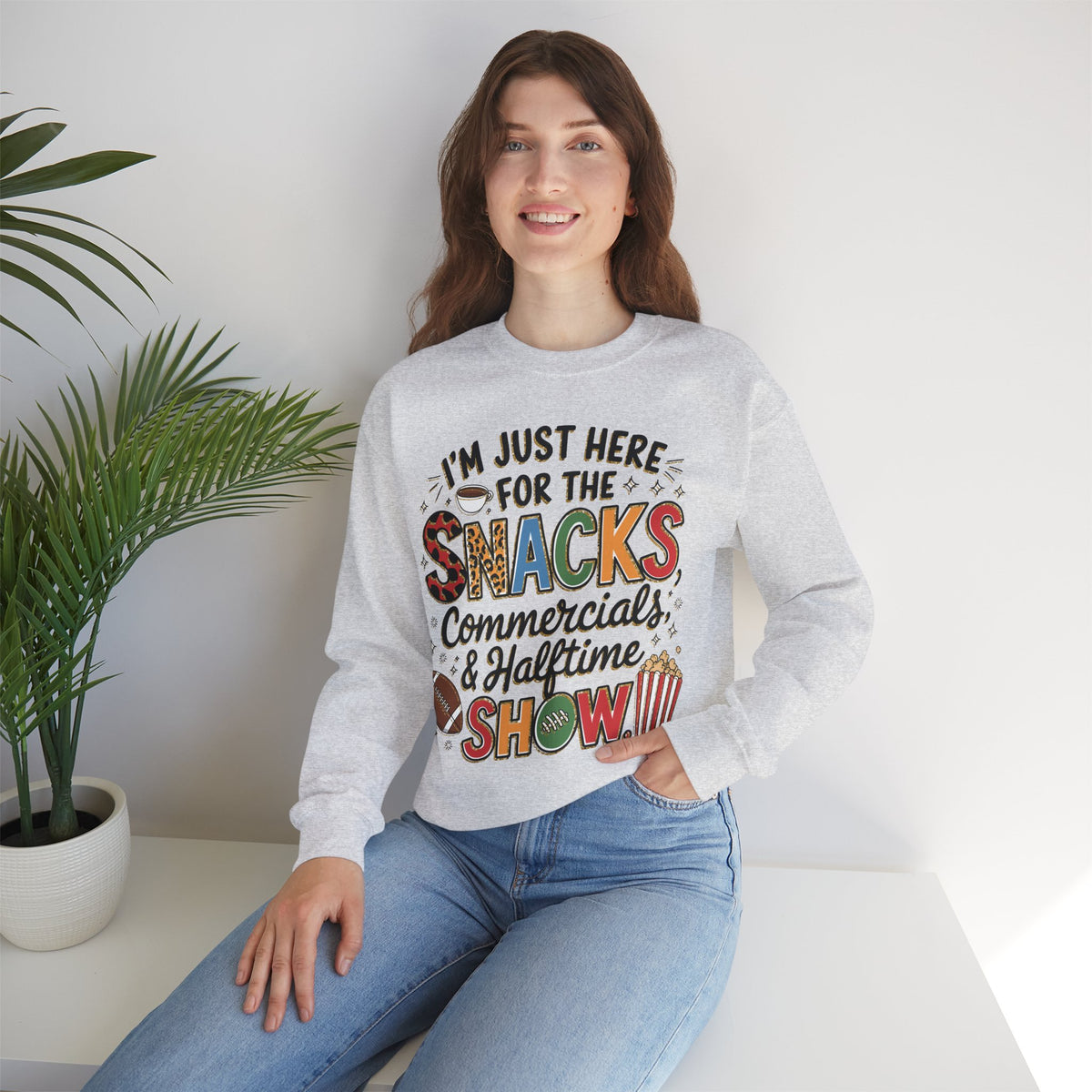 I’m Just Here for the Snacks, Commercials & Halftime Show – Gildan Heavy Blend | Trendy Women’s Soft Sweatshirt. Direct to Garment. Printed & Shipped in the USA. Unisex Sizes.