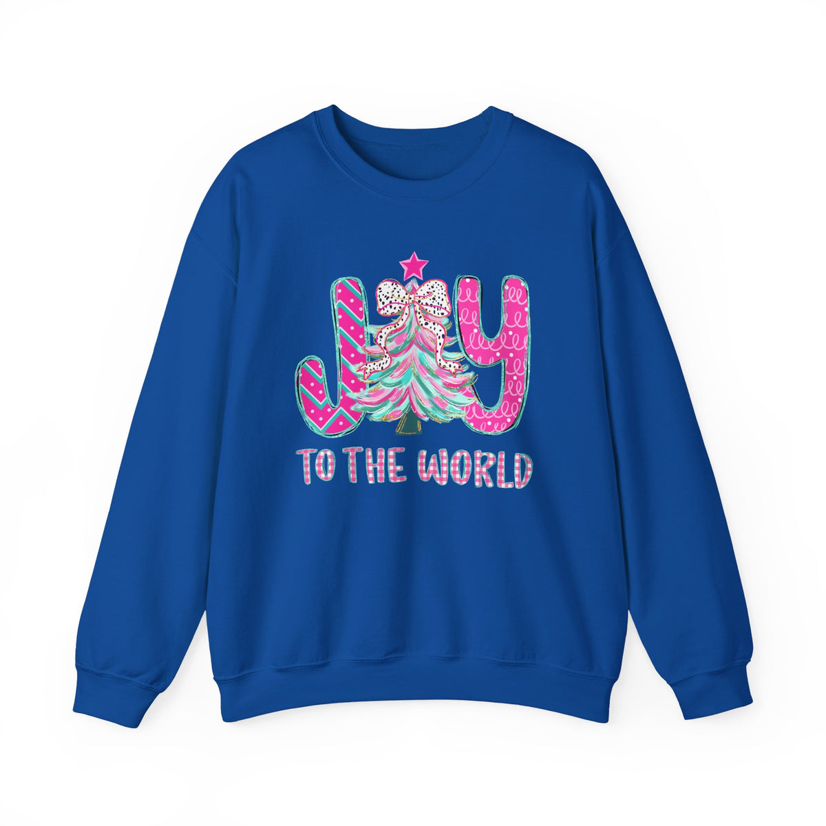 Joy to the World w/Christmas Tree Pink and Teal – Gildan Heavy Blend | Trendy Women’s Soft Sweatshirt. Direct to Garment. Printed & Shipped in the USA. Unisex Sizes.