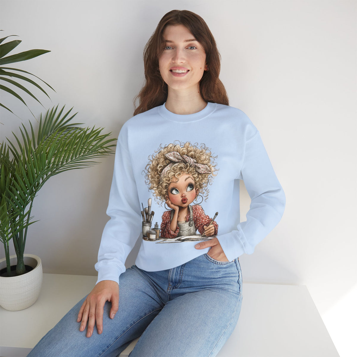 Cute Artist Curly Girl – Gildan Heavy Blend | Trendy Women’s Soft Sweatshirt. Direct to Garment. Printed & Shipped in the USA. Unisex Sizes.