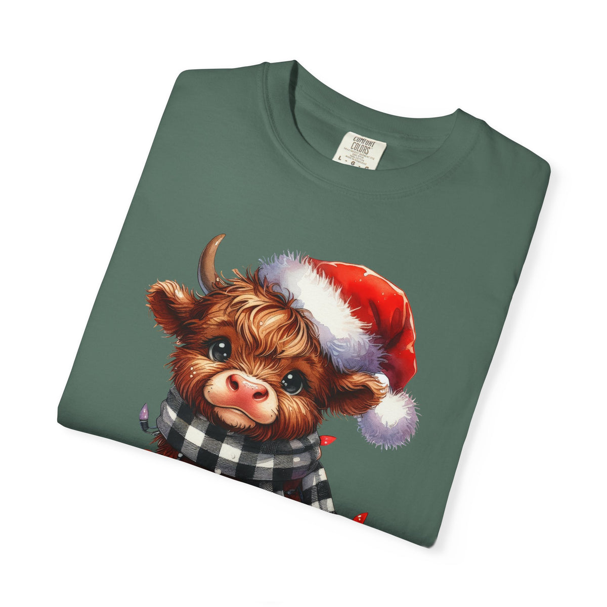 Cute Highland Cow Santa Hat Scarf Christmas Lights - Comfort Colors | Trendy Unisex T-Shirt. Direct to Garment. Printed & Shipped in the USA. Unisex Sizes.