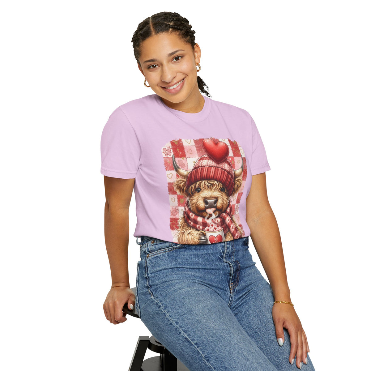 Highland Cow Be Mine, Red Checkered - Comfort Colors | Trendy Women's T-Shirt. Direct to Garment. Printed & Shipped in the USA. Unisex Sizes.