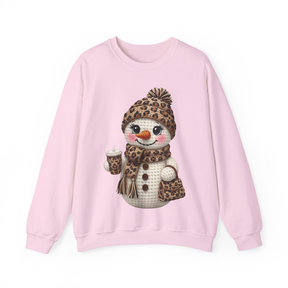 Leopard Snowman - Leopard Purse, Drink, Hat & Scarf – Gildan Heavy Blend | Trendy Women’s Soft Sweatshirt. Direct to Garment. Printed & Shipped in the USA. Unisex Sizes.