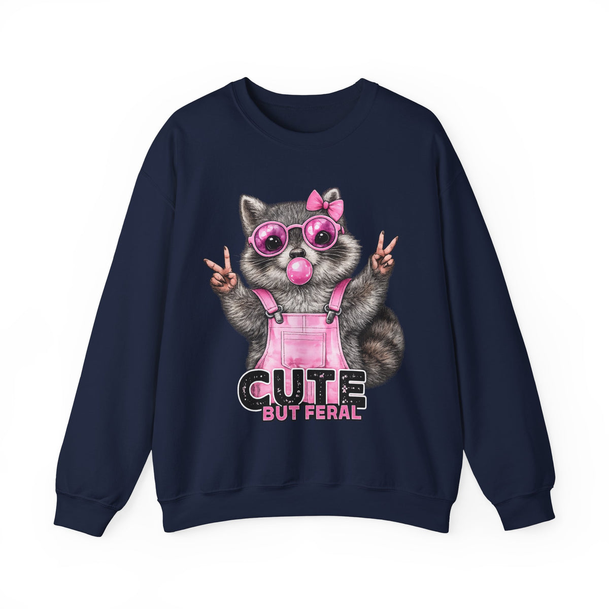 Cute But Feral, Raccoon in Pink Bibs – Gildan Heavy Blend | Trendy Women’s Soft Sweatshirt. Direct to Garment. Printed & Shipped in the USA. Unisex Sizes.