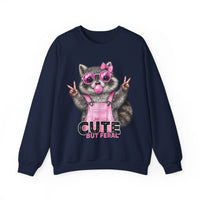 Cute But Feral, Raccoon in Pink Bibs – Gildan Heavy Blend | Trendy Women’s Soft Sweatshirt. Direct to Garment. Printed & Shipped in the USA. Unisex Sizes.